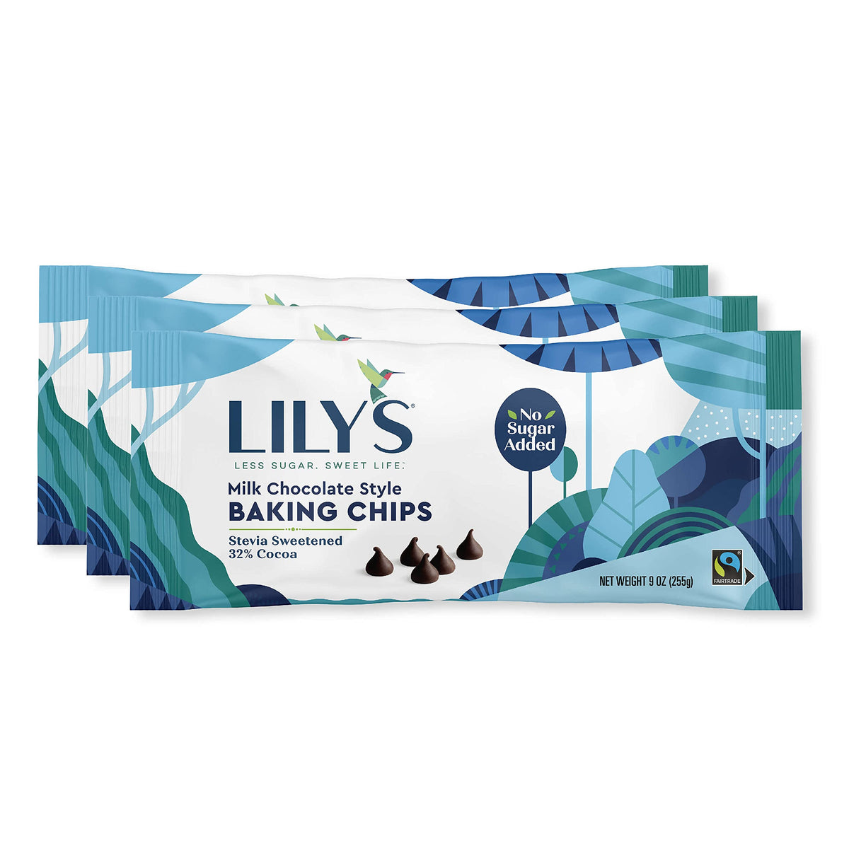 LILY'S Milk Chocolate Style No Sugar Added baking chips in a 9 oz bag for gluten-free recipes.