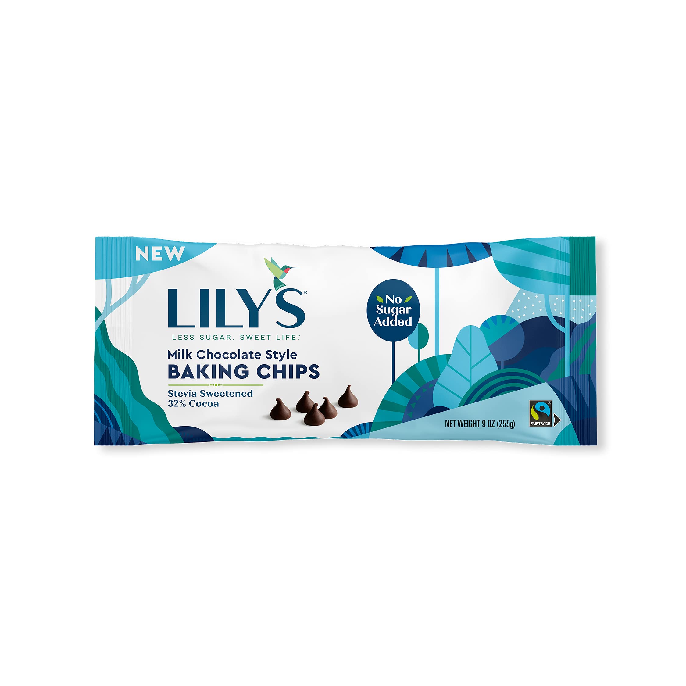 Closeup of LILY'S Milk Chocolate Style No Sugar Added chips showing glossy melt for desserts.