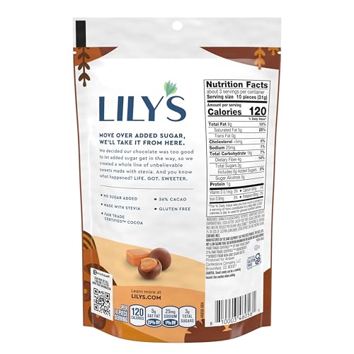 Lily's No Sugar Added caramels snack setup for mindful indulgence.
