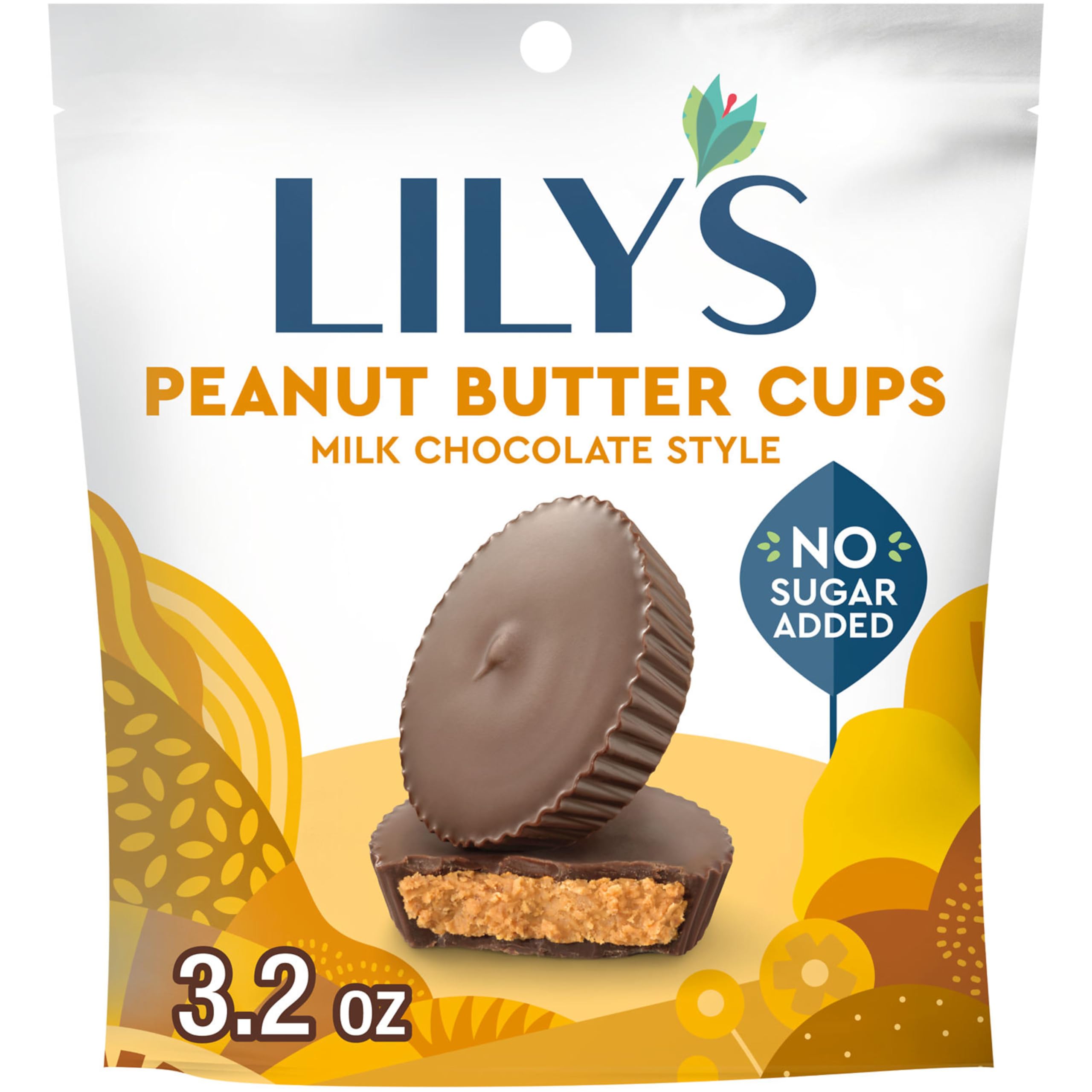 LILY'S no sugar added peanut butter cups bag-front, perfect on-the-go snack.