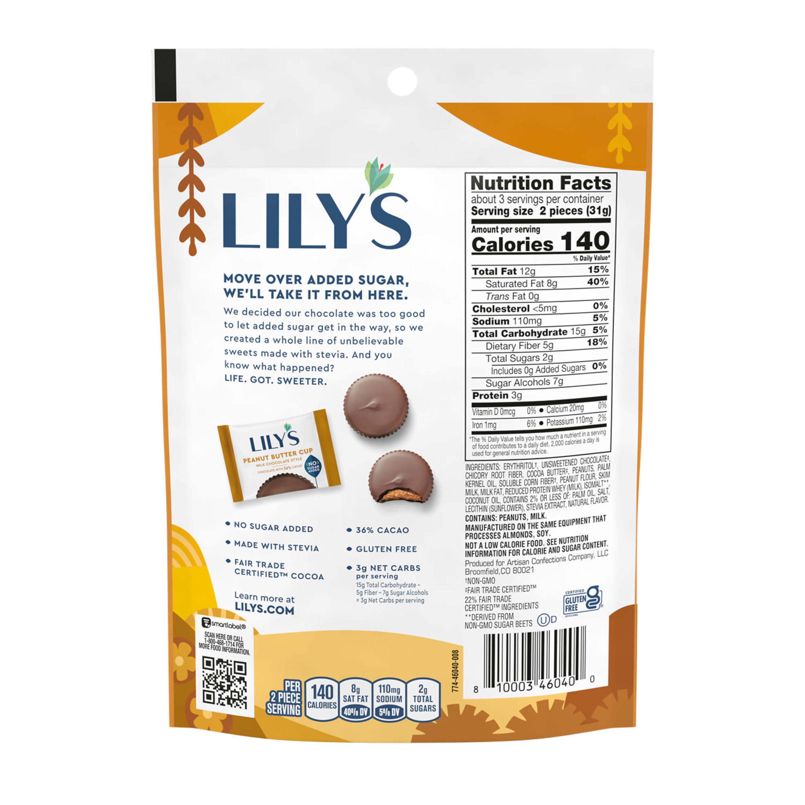 LILY'S no sugar added peanut butter cups bag-ingredients, highlighting stevia and natural sweeteners.