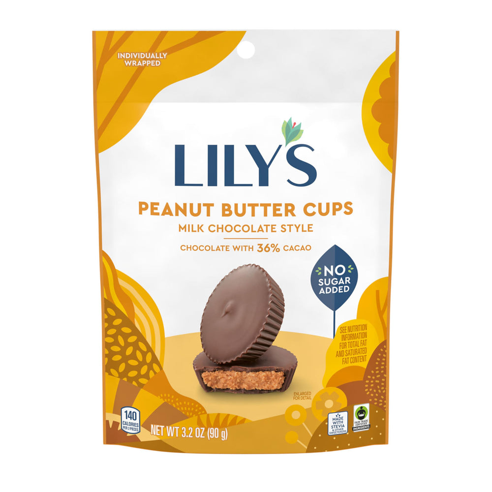 LILY'S no sugar added peanut butter cups package-side, kosher certified and cacao-rich.