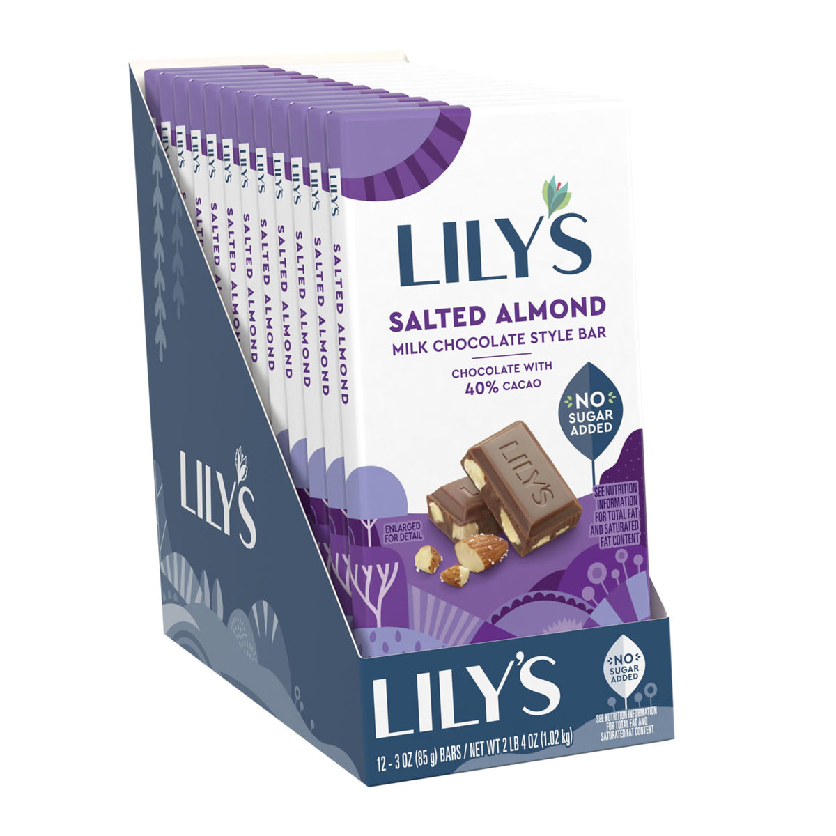 Lily's Salted Almond Milk Chocolate Style bars bulk box, ideal for sharing and desk snacks.