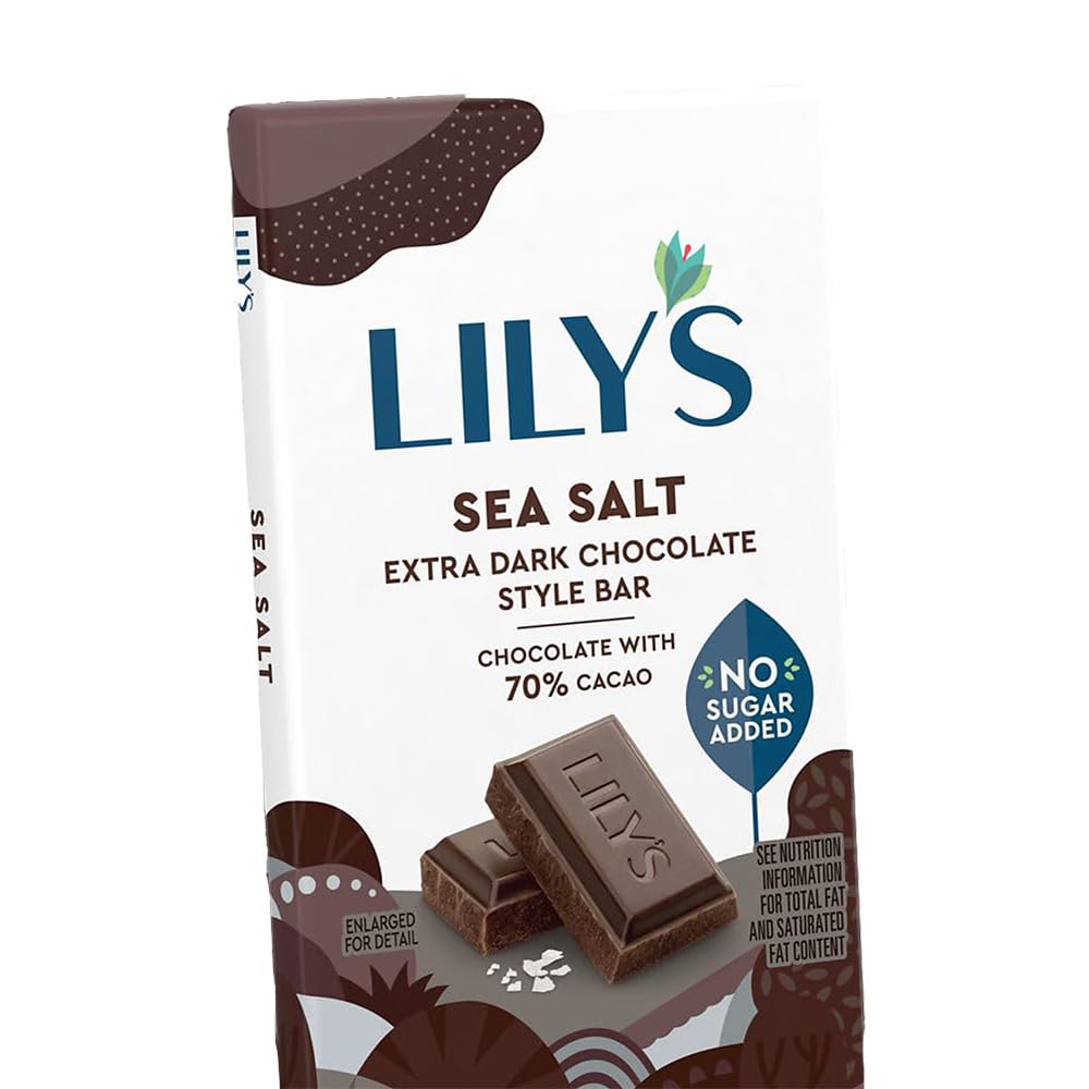 LILY'S Sea Salt Extra Dark Chocolate Style bar with no sugar added, ideal for mindful indulgence.