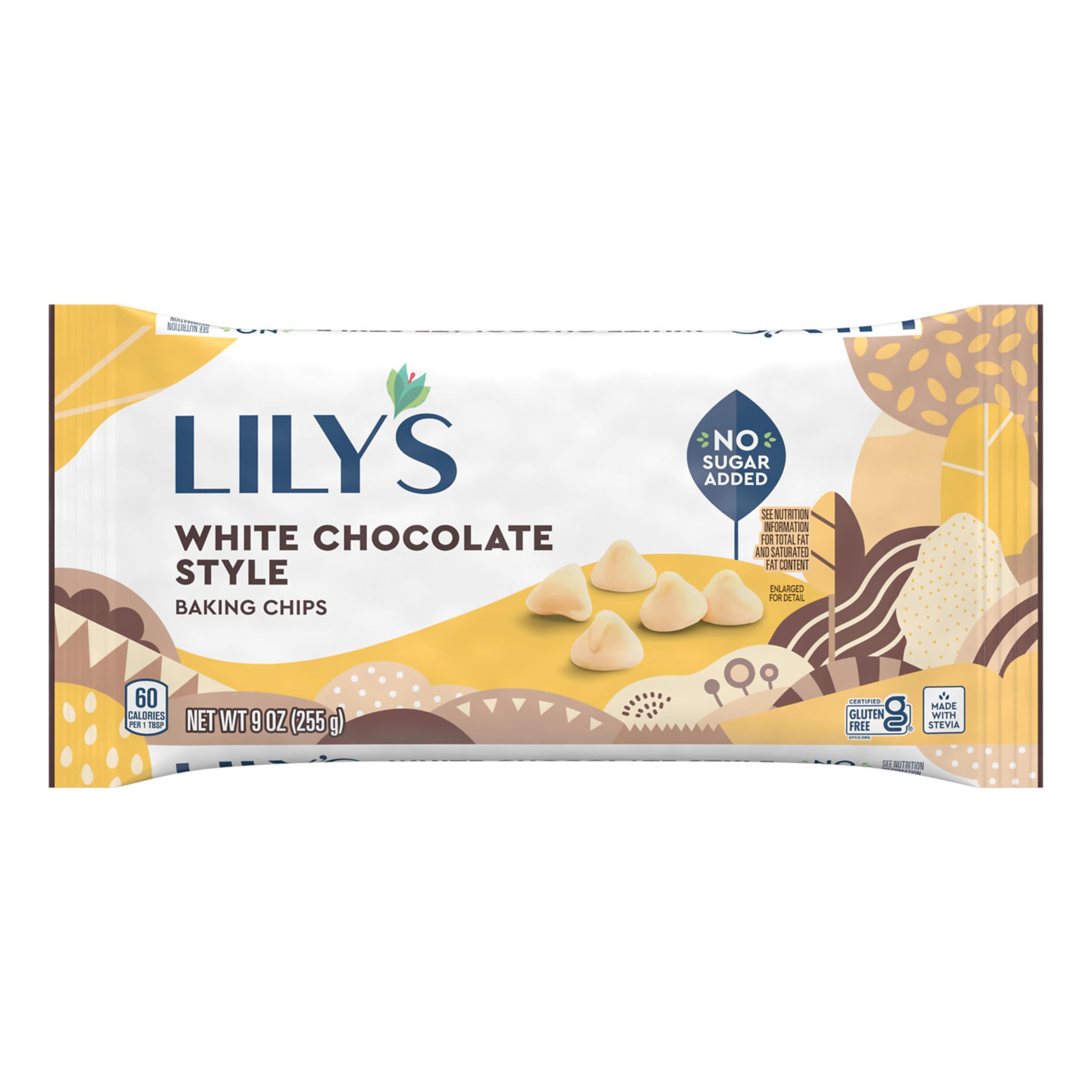 LILY'S White Chocolate Style No Sugar Added chips in 3-pack front view, gluten-free indulgence.