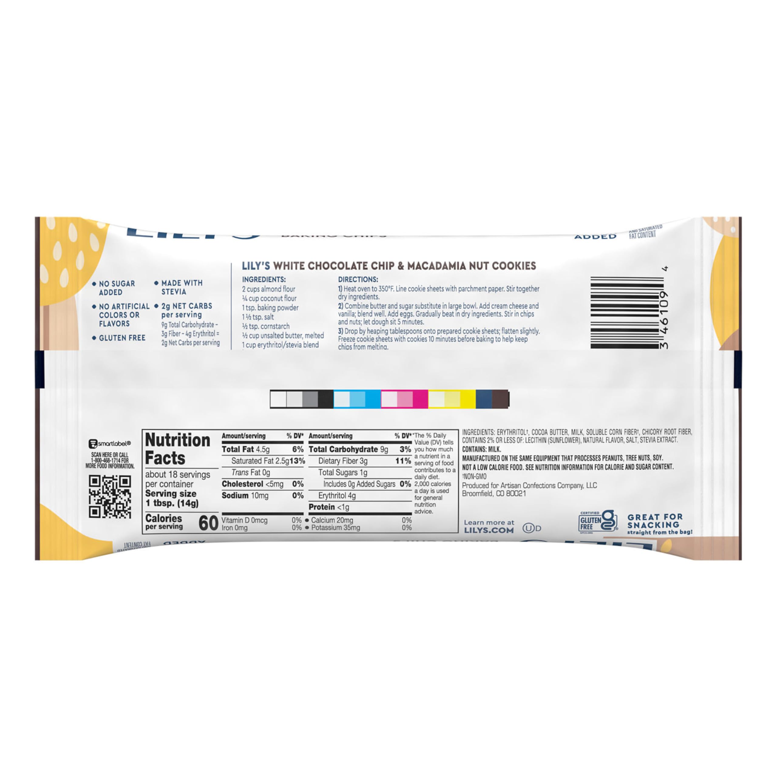 LILY'S White Chocolate Style chips pouring, smooth texture ideal for cookies and bars.