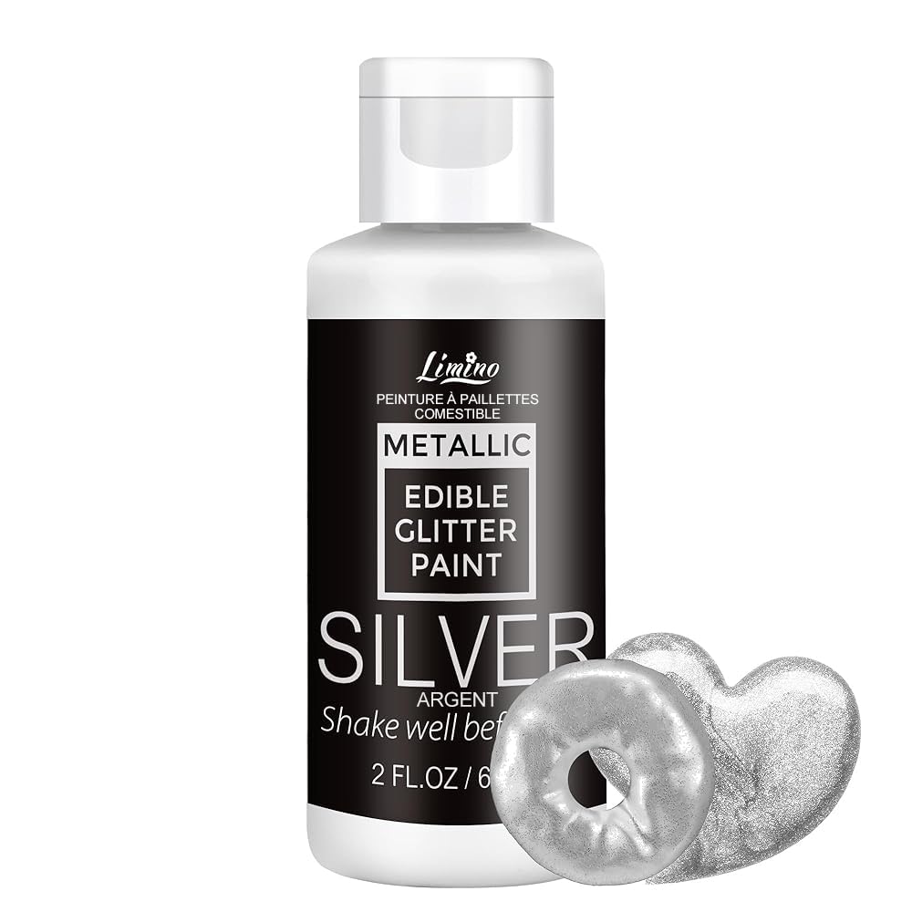 Limino Edible Glitter Paint silver bottle adds shimmering cake accents.