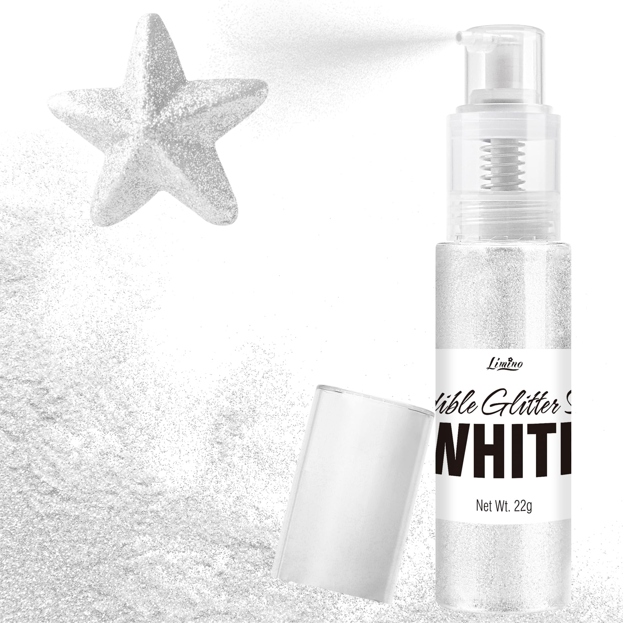 Limino edible glitter spray bottle close-up showing a metallic shimmer for desserts.