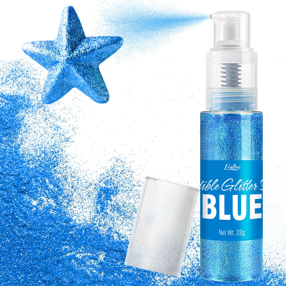 Limino edible glitter spray blue bottle closeup for dazzling drinks and desserts.