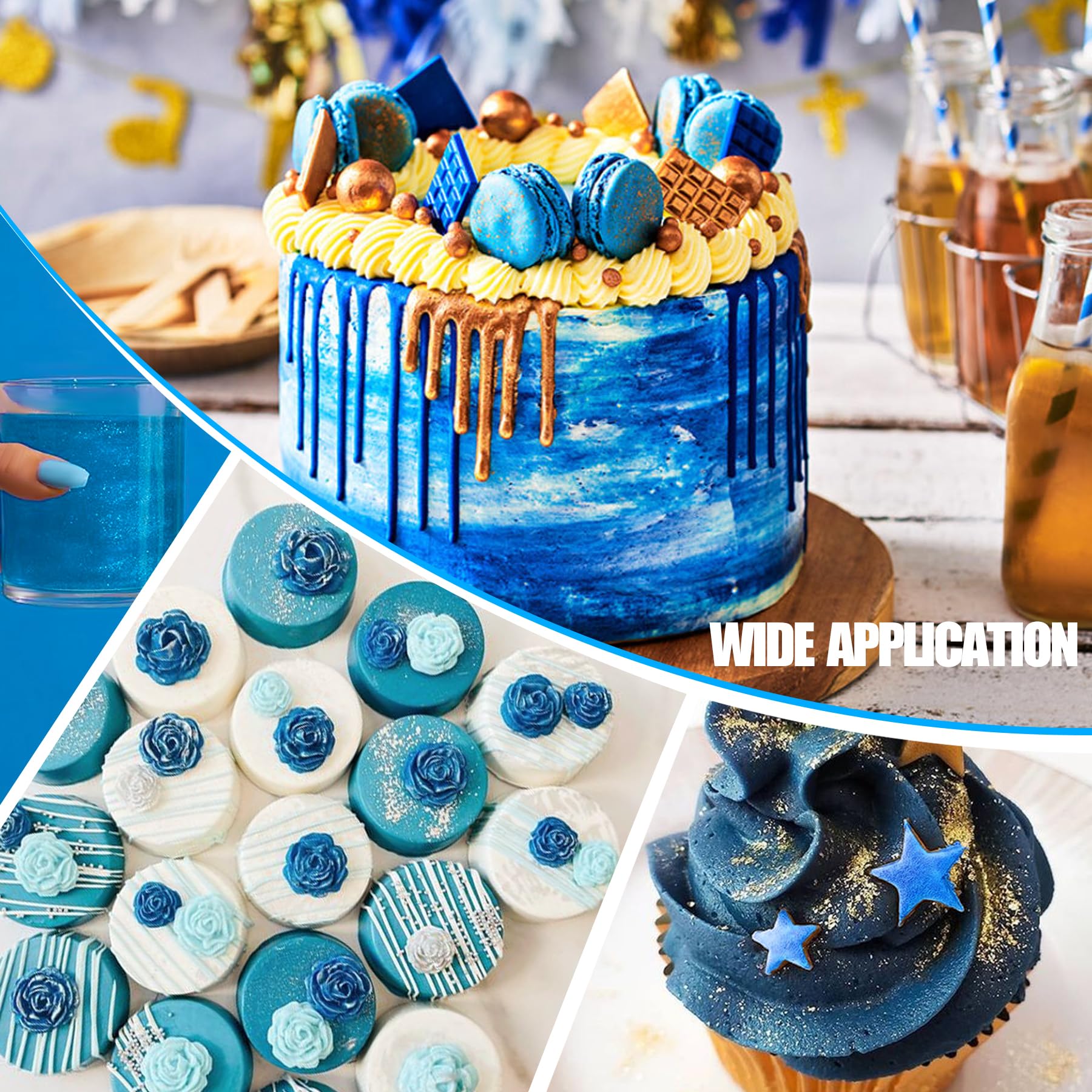 Limino edible glitter spray blue cake decorating shows metallic sparkle.