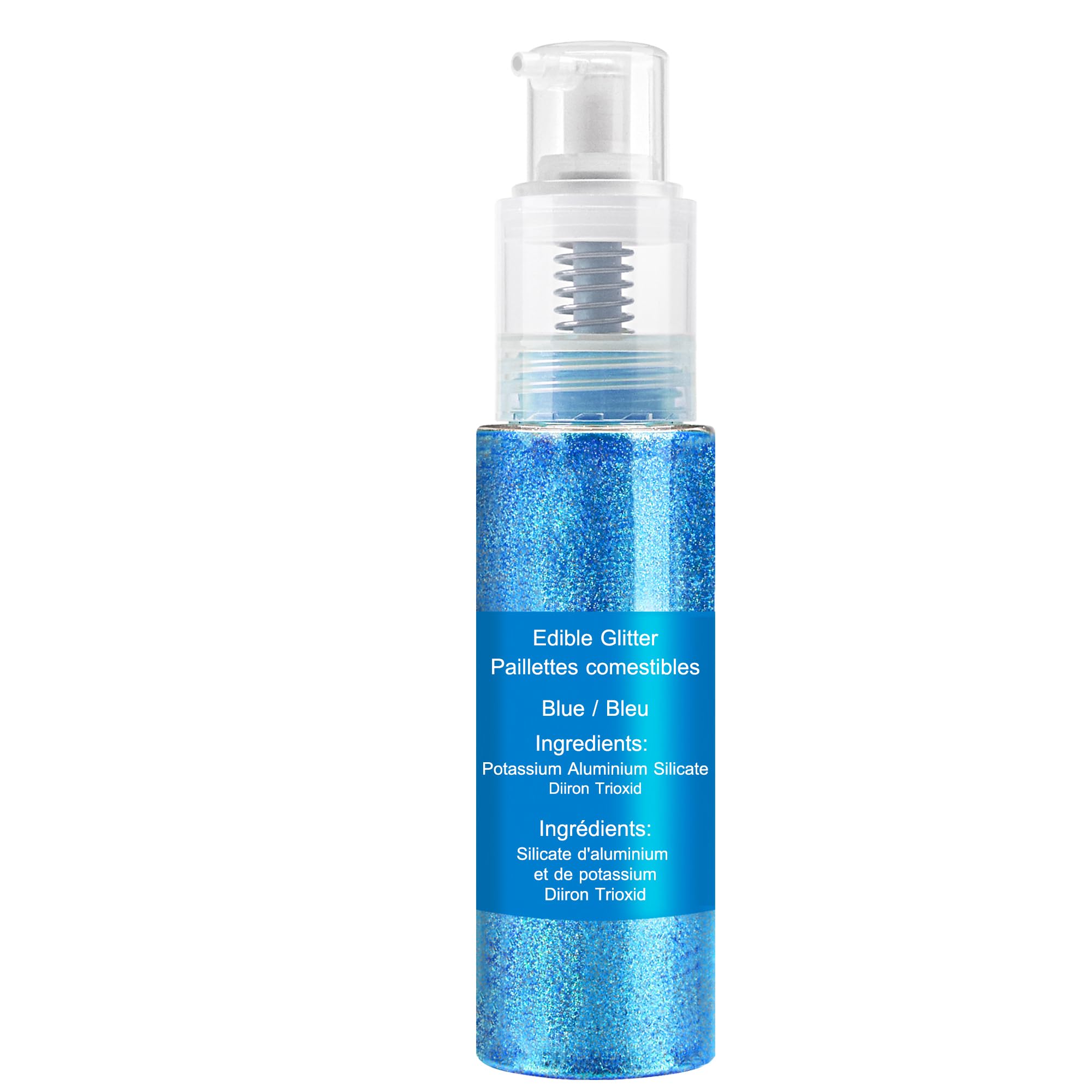 Limino edible glitter spray blue label shows safe ingredients.