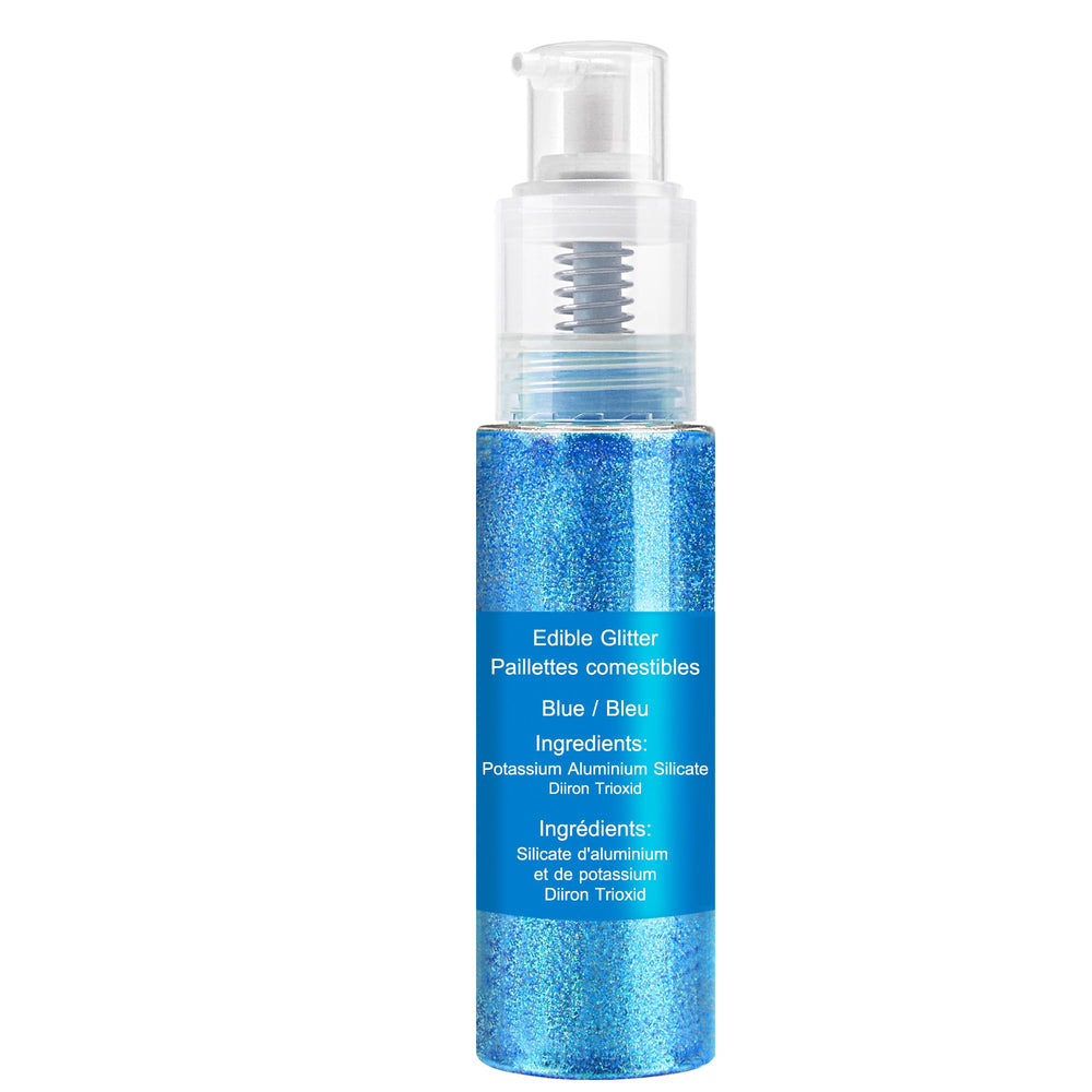 Limino edible glitter spray blue label shows safe ingredients.