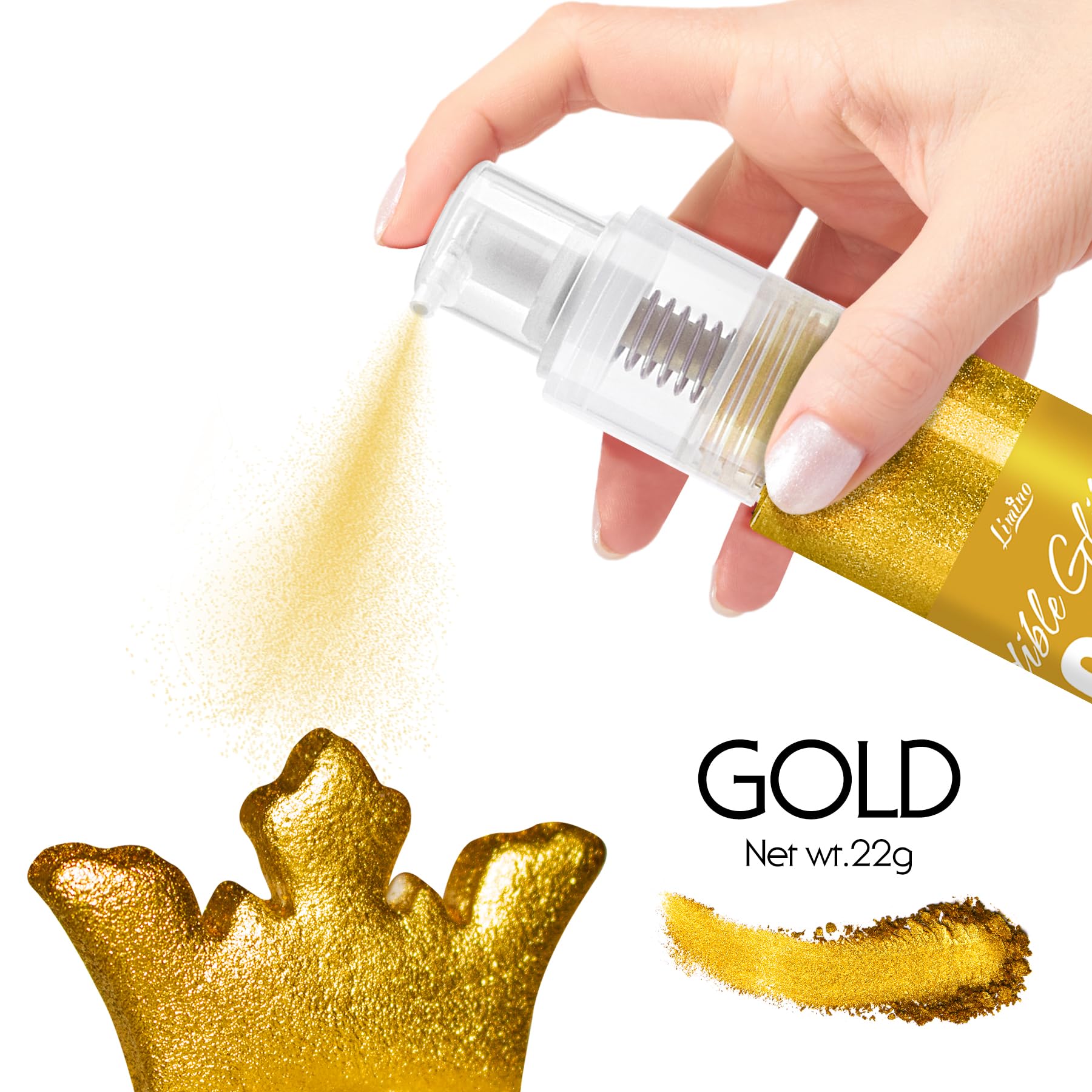 Limino glitter spray closeup gold powder sparkles on desserts.
