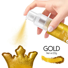 Limino glitter spray closeup gold powder sparkles on desserts.