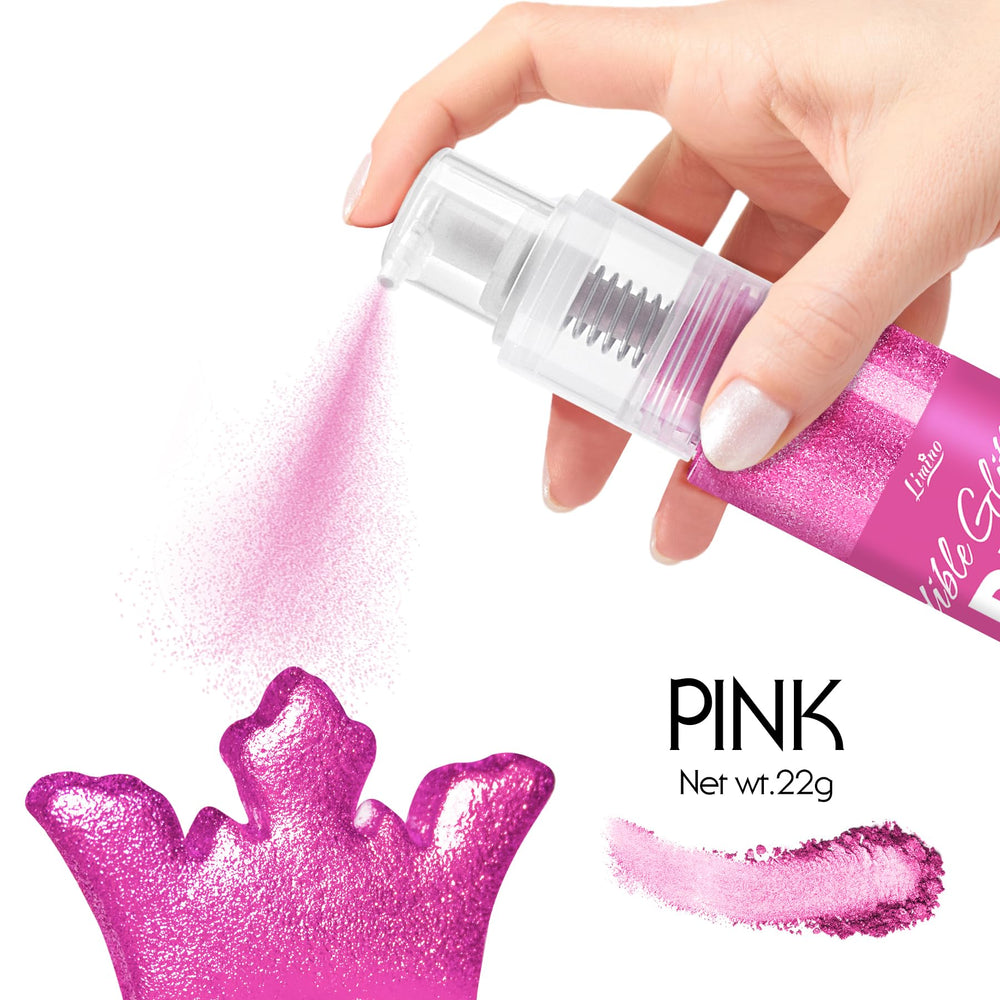 Limino glitter spray pink-dispense close-up shows precise application for desserts.
