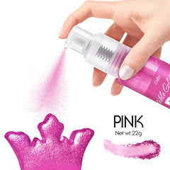 Limino glitter spray pink-dispense close-up shows precise application for desserts.