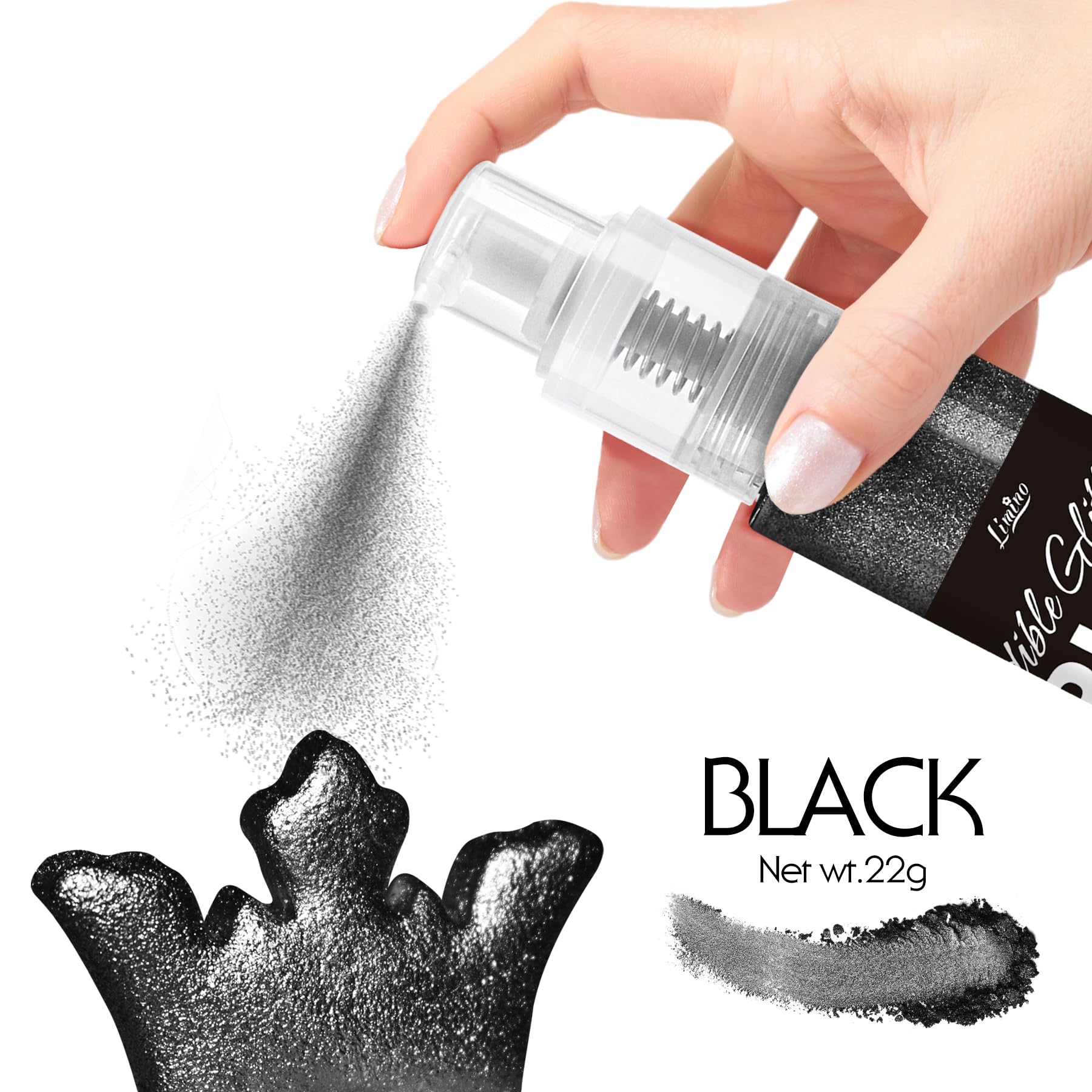 Limino edible glitter spray on cake highlights a luxurious metallic finish.