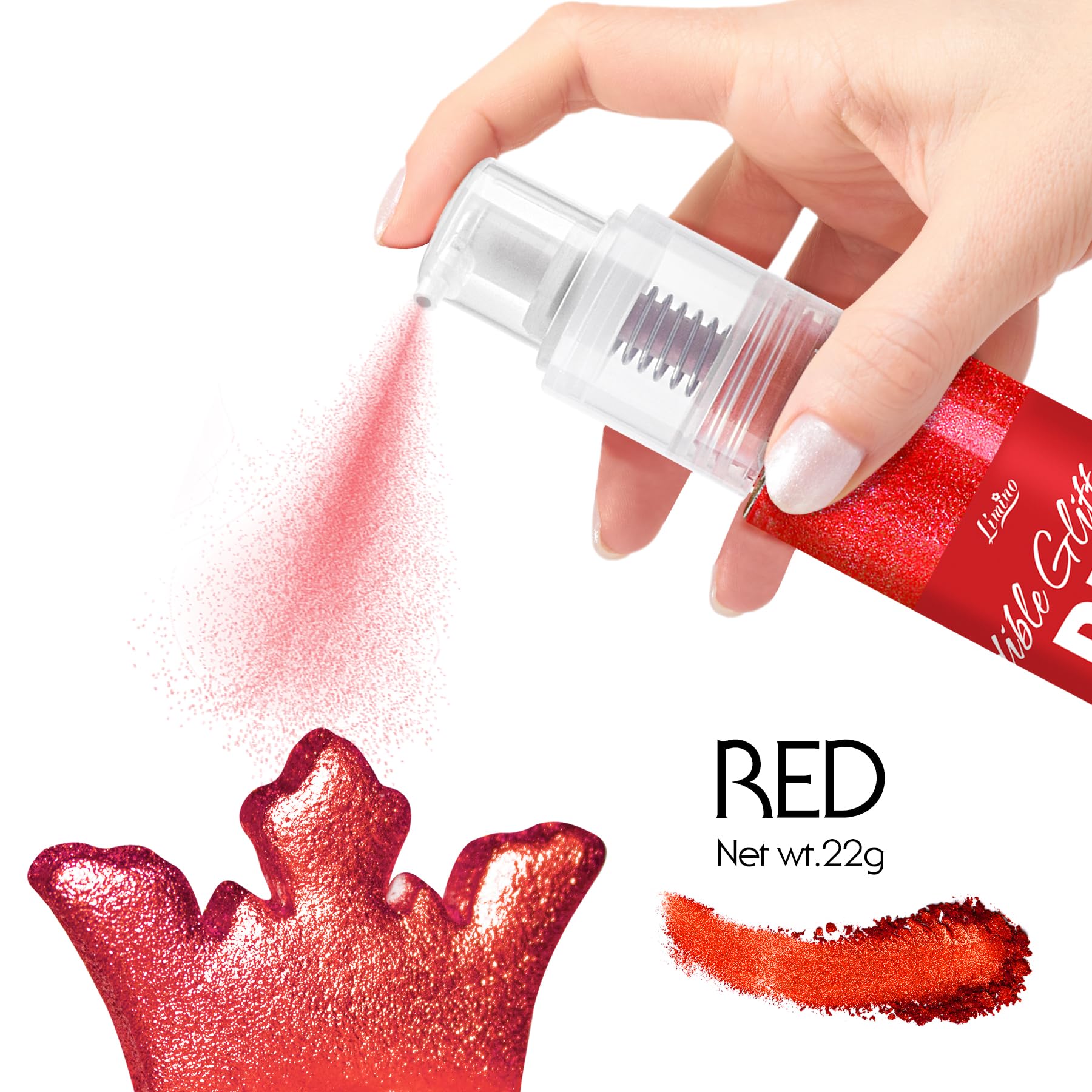 Limino Edible Glitter Spray pump top enables precise, mess-free application.