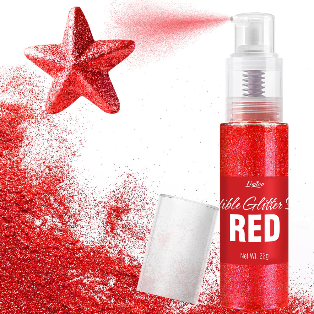 Limino Edible Glitter Spray red bottle closeup for vibrant drink and dessert sparkle.