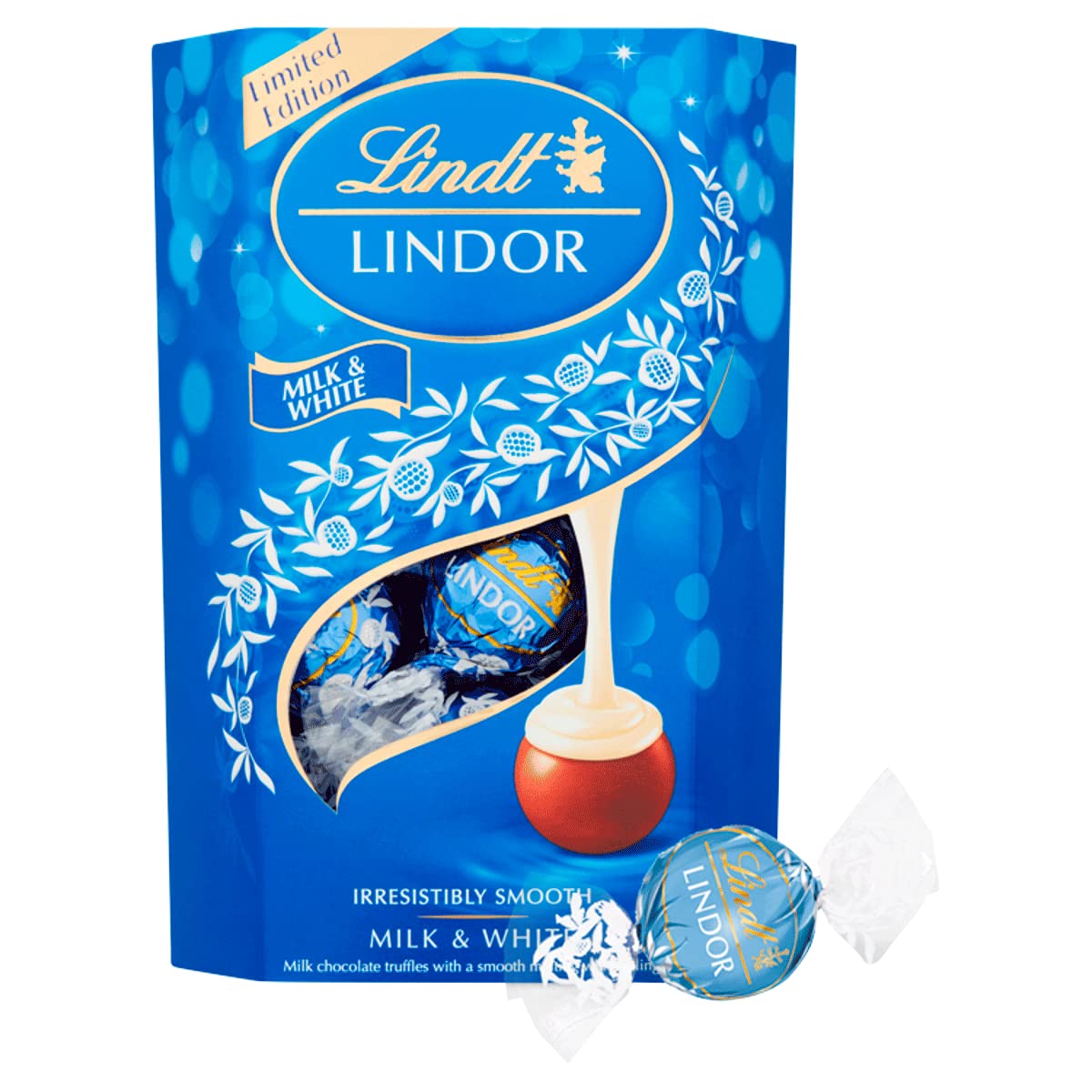 Lindt Lindor Milk & White Truffles 200g pack, smooth indulgence for sharing.