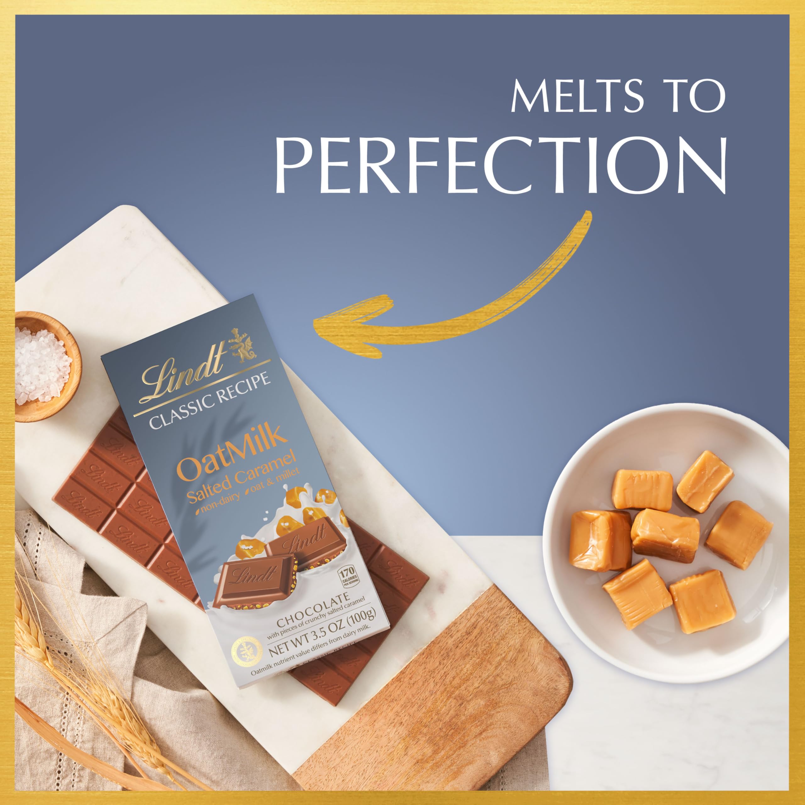 Lindt Classic OatMilk Salted Caramel Bar shows creamy texture next to caramel bits
