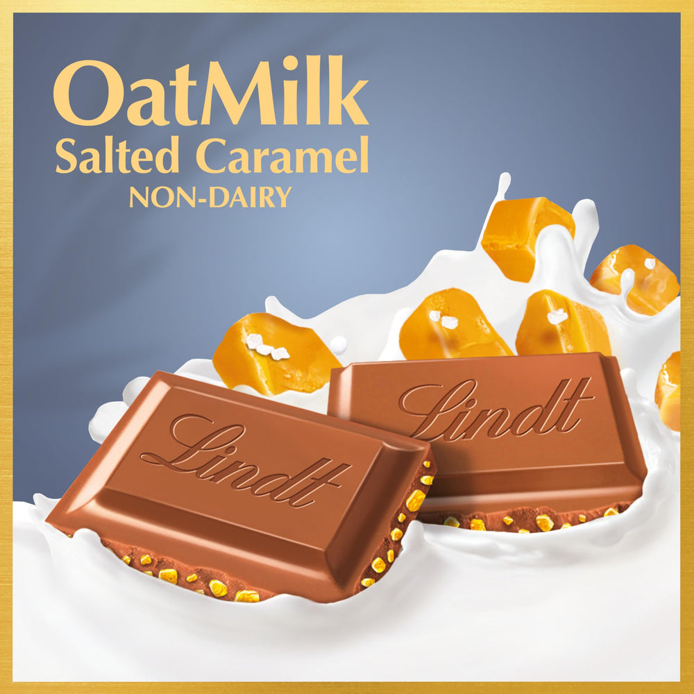 Lindt Classic OatMilk Salted Caramel Bar packaging detail with bar and wrapper