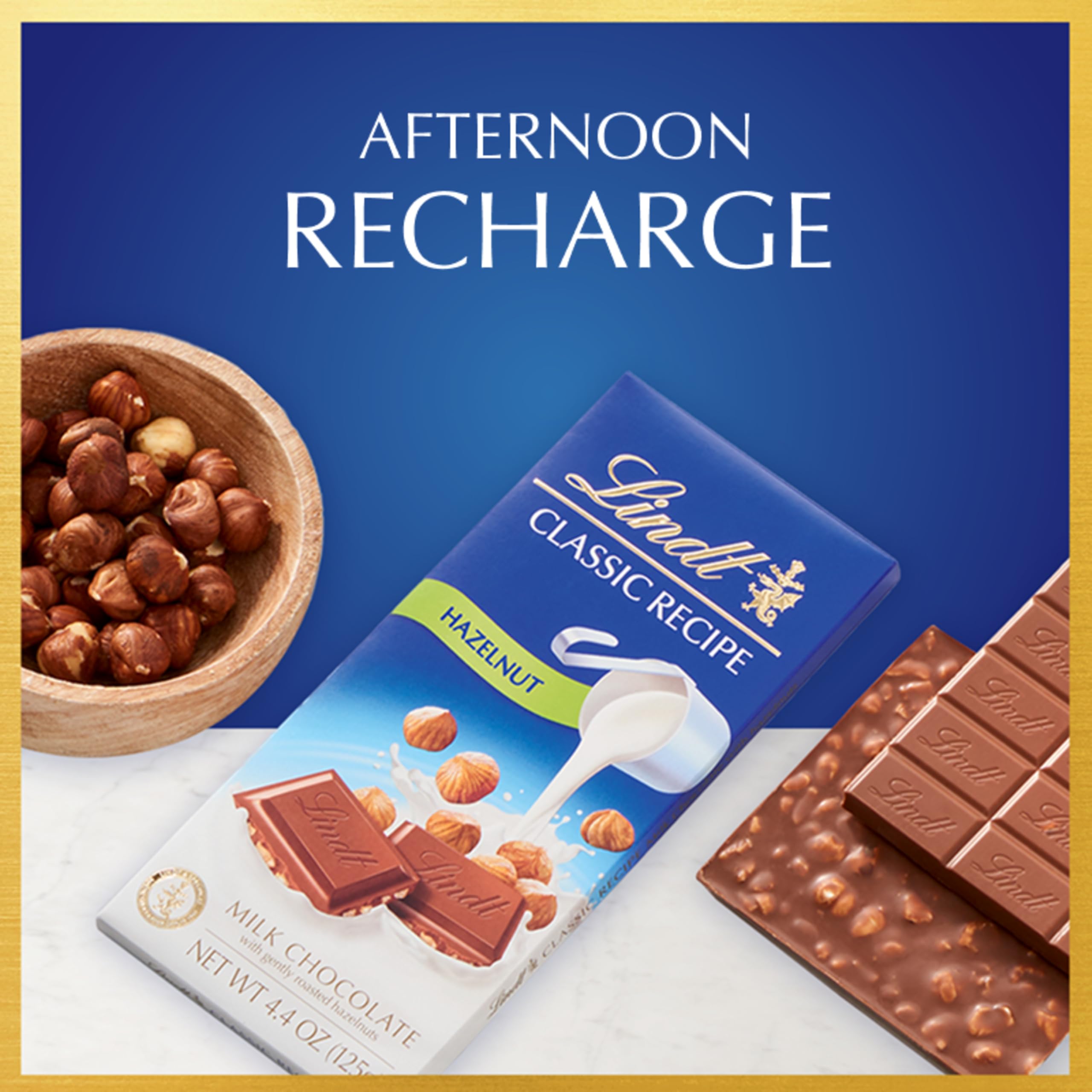 Close-up of Lindt hazelnut chunks in silky milk chocolate