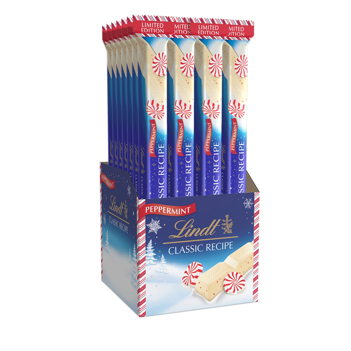 Lindt Classic Recipe Holiday White Chocolate Peppermint Stick packaging, ideal for gifting.
