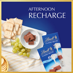 Lindt CLASSIC RECIPE Milk Chocolate Bar bite-sized pieces ready to enjoy.