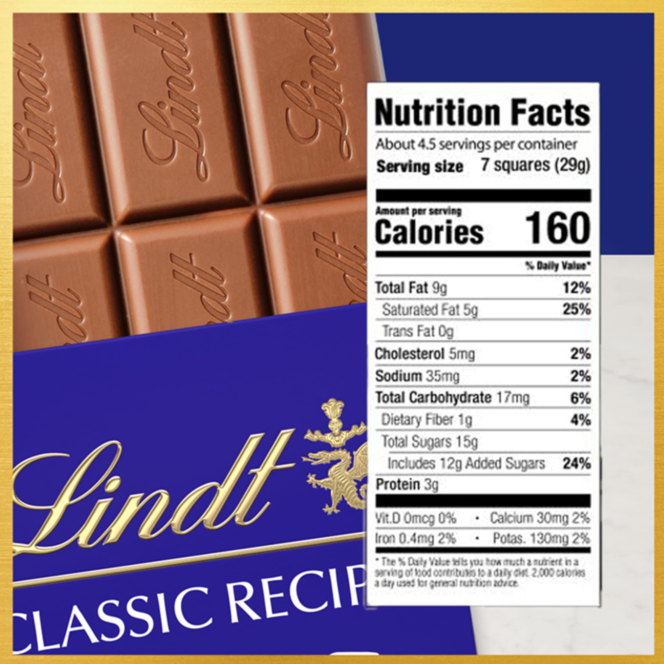 Lindt CLASSIC RECIPE Milk Chocolate Bar close-up shows creamy texture.