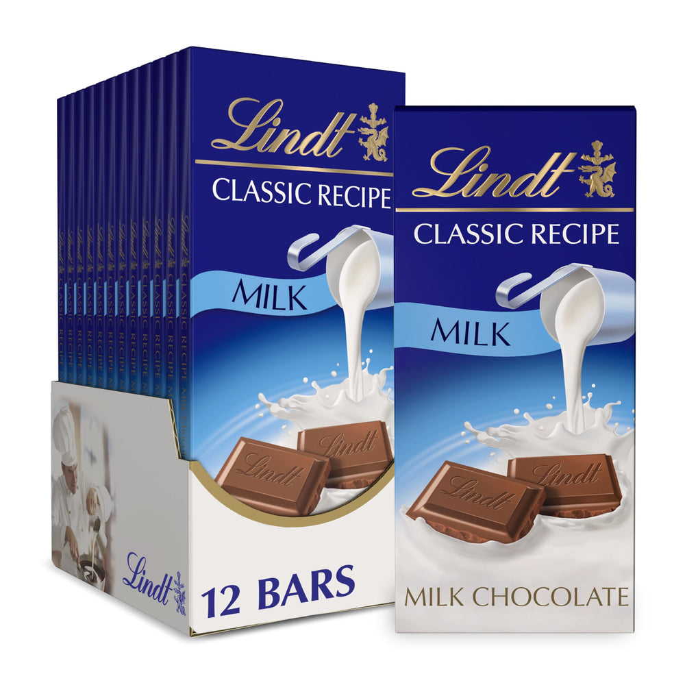 Lindt CLASSIC RECIPE Milk Chocolate Bar pack of 12, ideal for gifting.