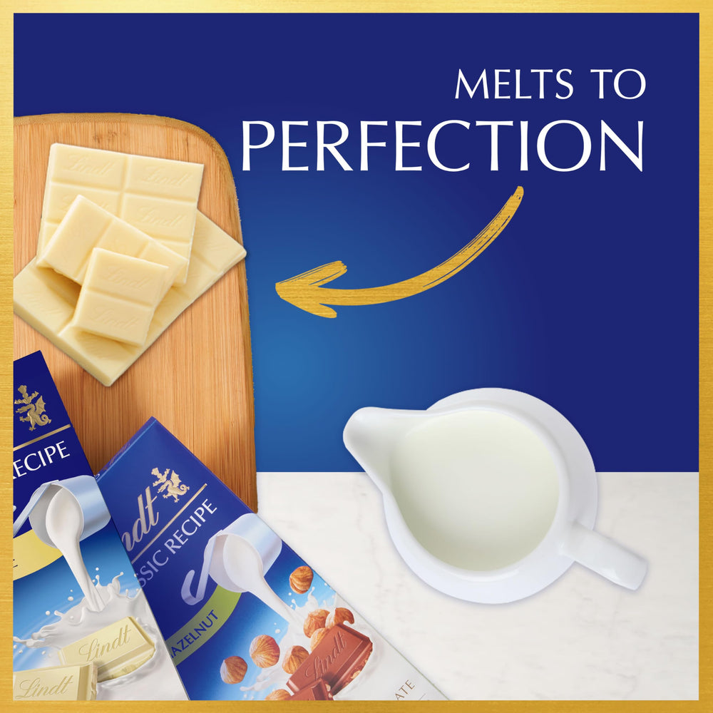 Lindt CLASSIC RECIPE White Chocolate Bar segmented into bite-sized pieces in 12-pack.