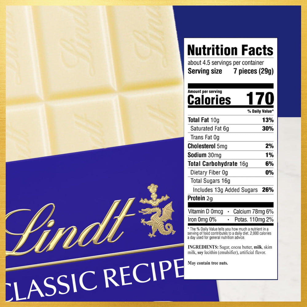 Lindt CLASSIC RECIPE White Chocolate Bar sliced into bite-sized pieces for sharing.