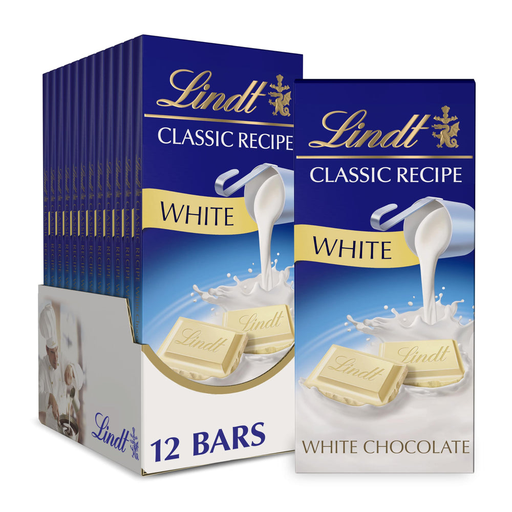 Lindt CLASSIC RECIPE White Chocolate Bar packaging highlights premium gift-ready presentation.