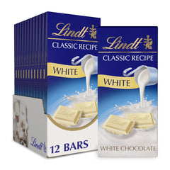 Lindt CLASSIC RECIPE White Chocolate Bar packaging highlights premium gift-ready presentation.