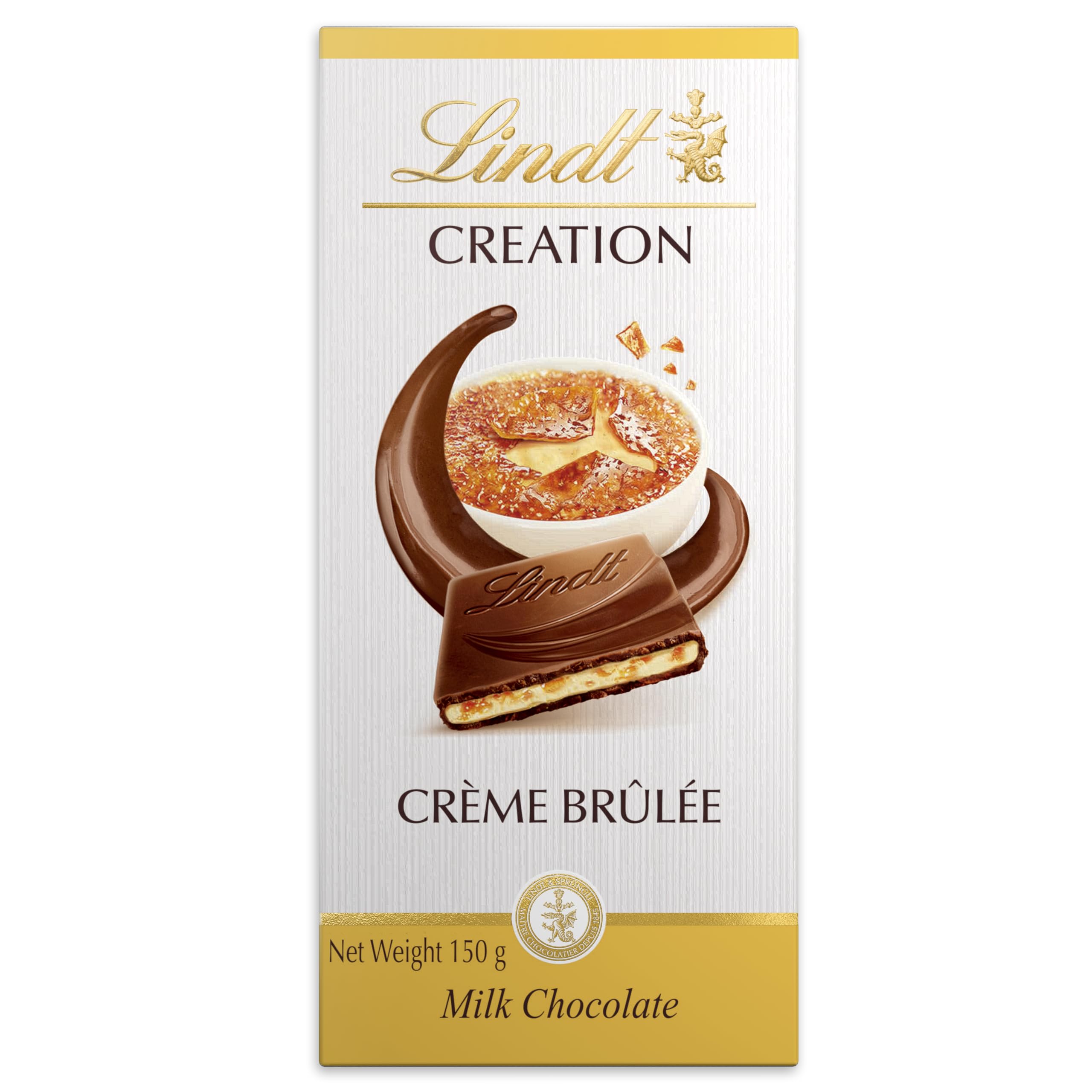 Lindt Creation Creme Brulee 150g bar close-up reveals glossy chocolate with creamy center