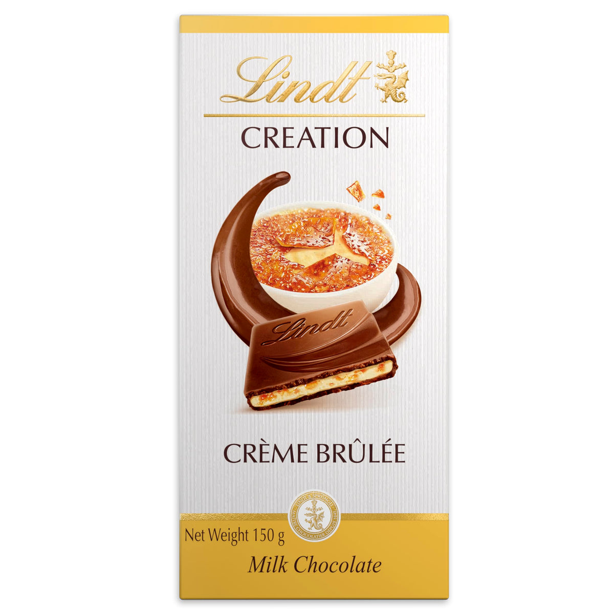 Lindt Creation Creme Brulee 150g bar close-up reveals glossy chocolate with creamy center