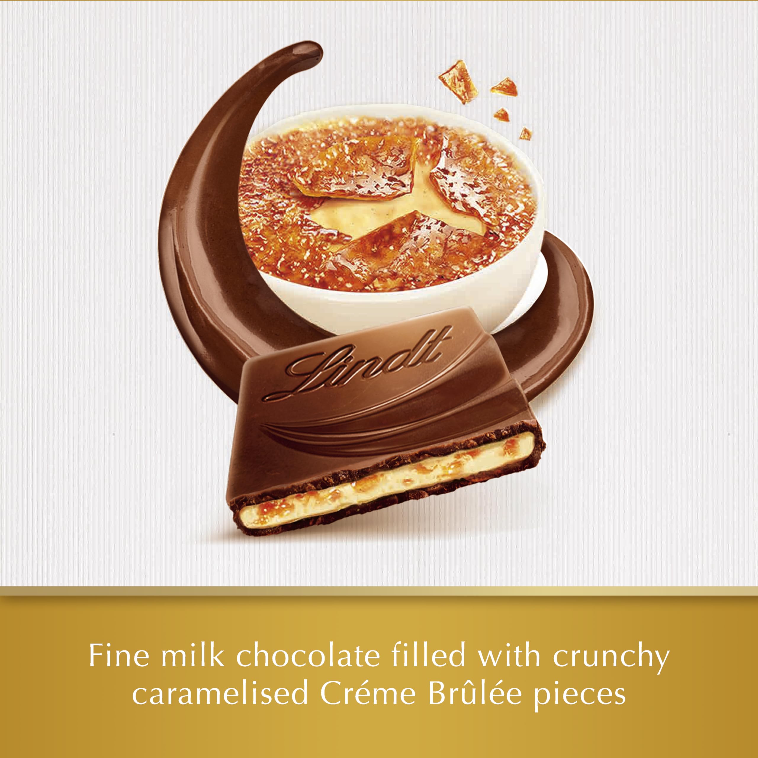 Lindt Creation Creme Brulee bar on plate highlighting velvety texture