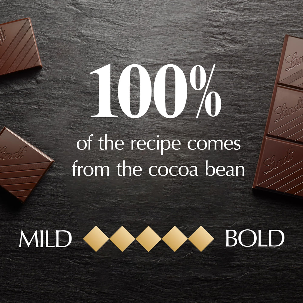 Lindt EXCELLENCE 100% Cocoa bar displays dark color and inviting aroma for desserts.