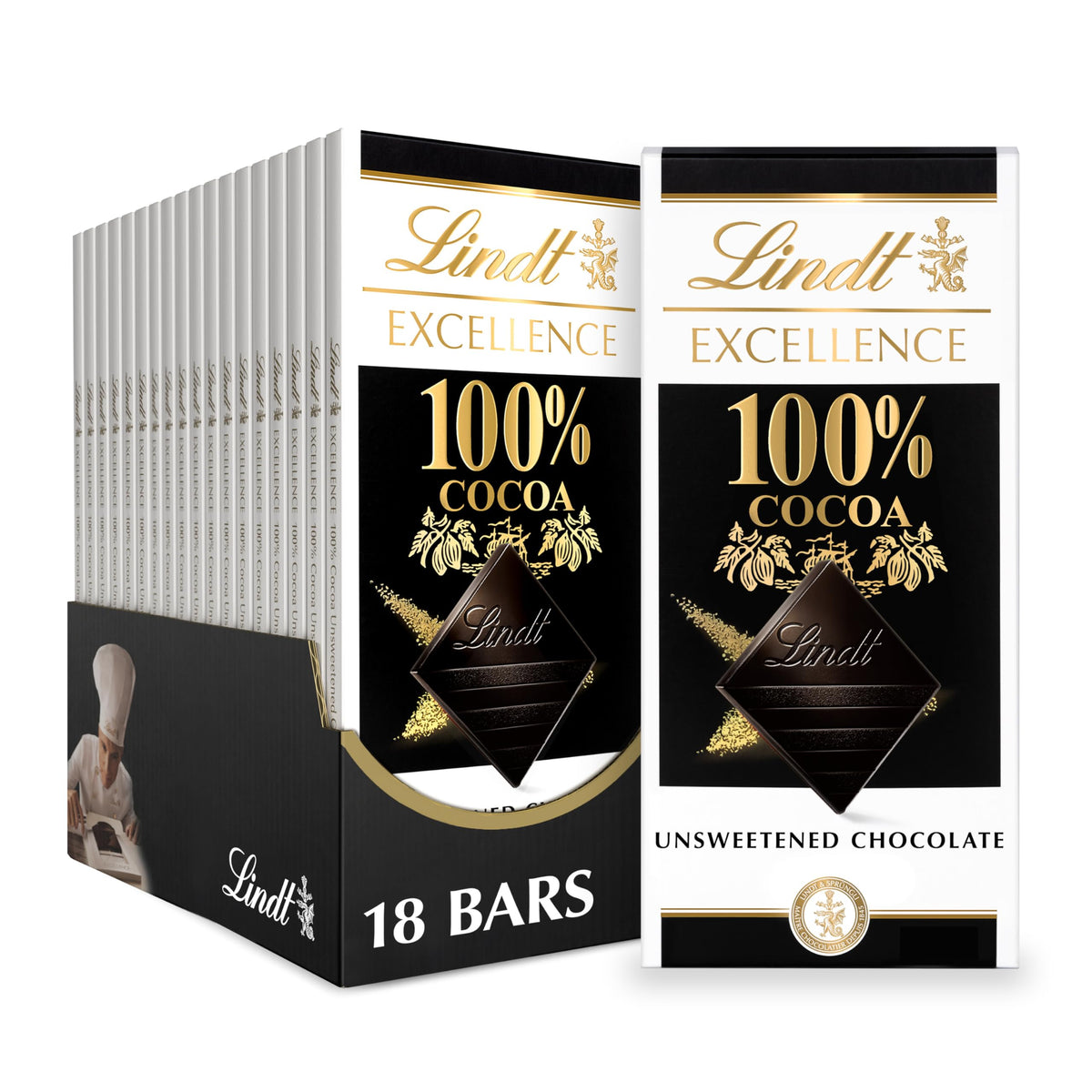 Lindt EXCELLENCE 100% Cocoa bar packaging highlighting premium dark chocolate for gifting.