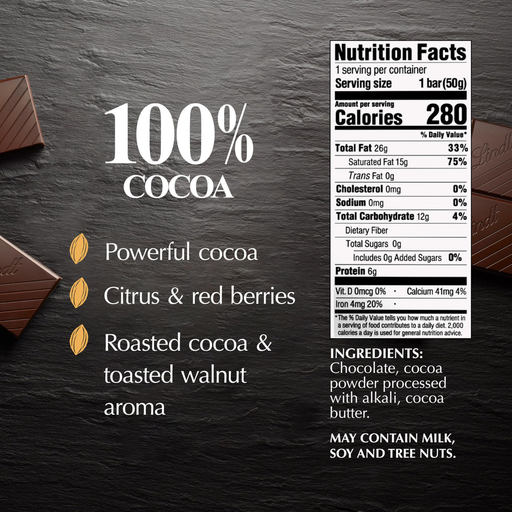 Lindt EXCELLENCE 100% Cocoa bar squares neatly portioned for balanced tasting.