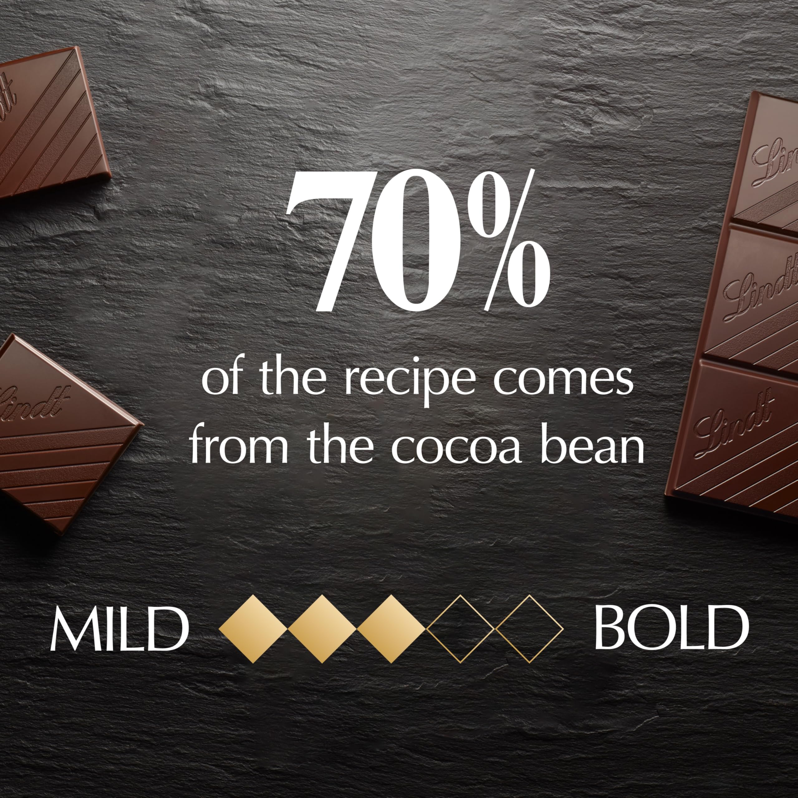 Lindt EXCELLENCE 70% Cocoa bar displays deep color and smooth profile.