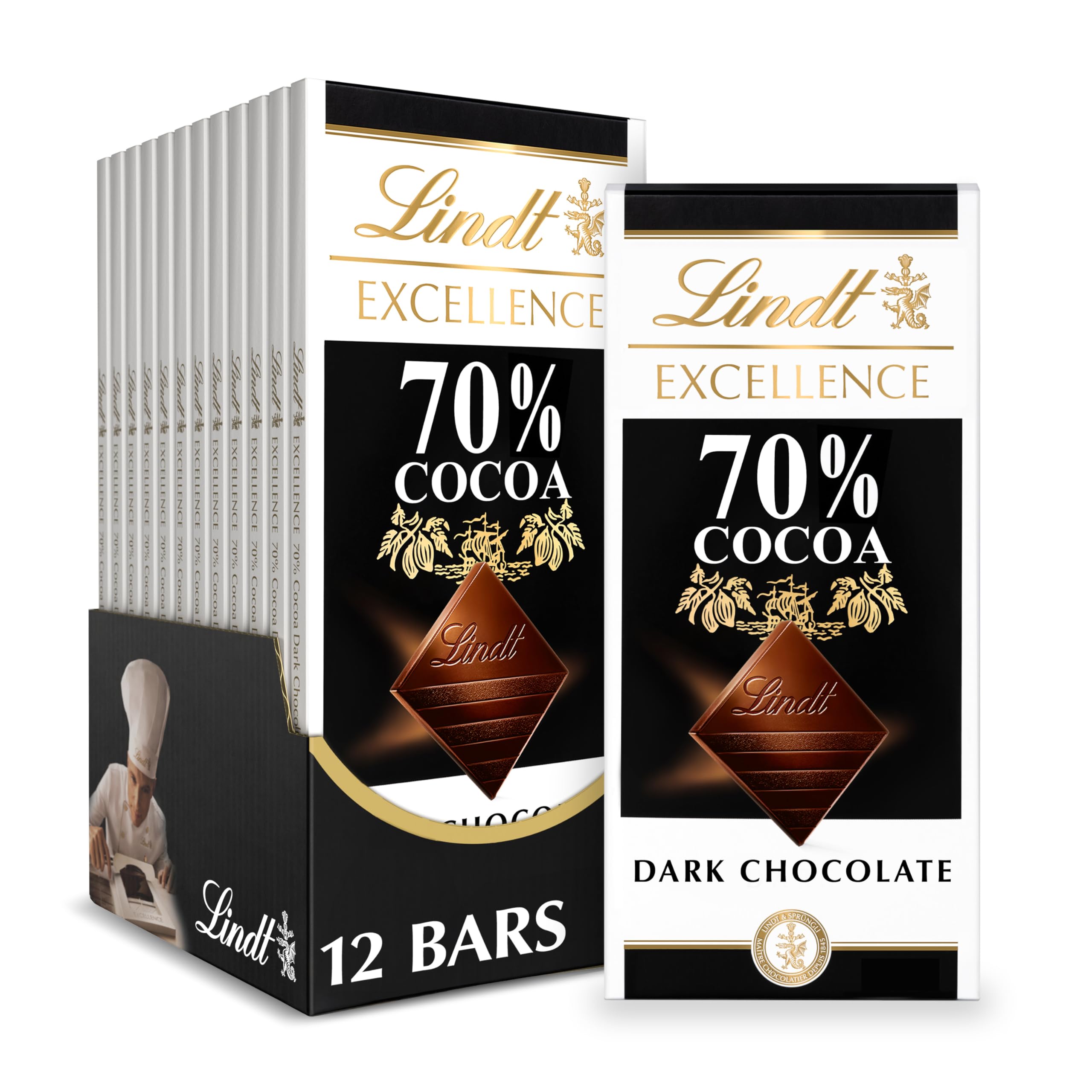 Lindt EXCELLENCE 70% Cocoa bar packaging shown, premium dark chocolate gift idea.