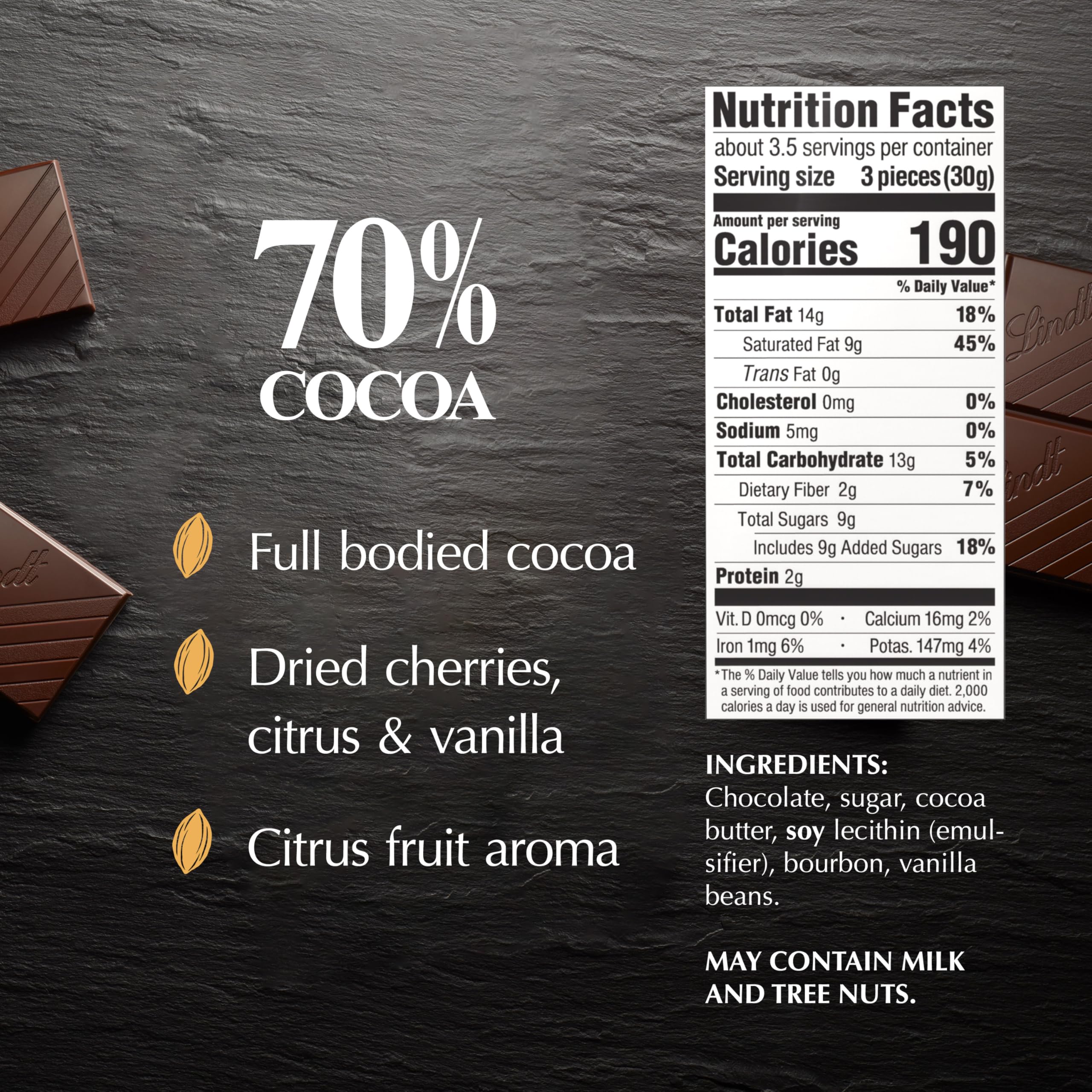 Lindt EXCELLENCE 70% Cocoa bar with silky texture highlighted for refined snacking.