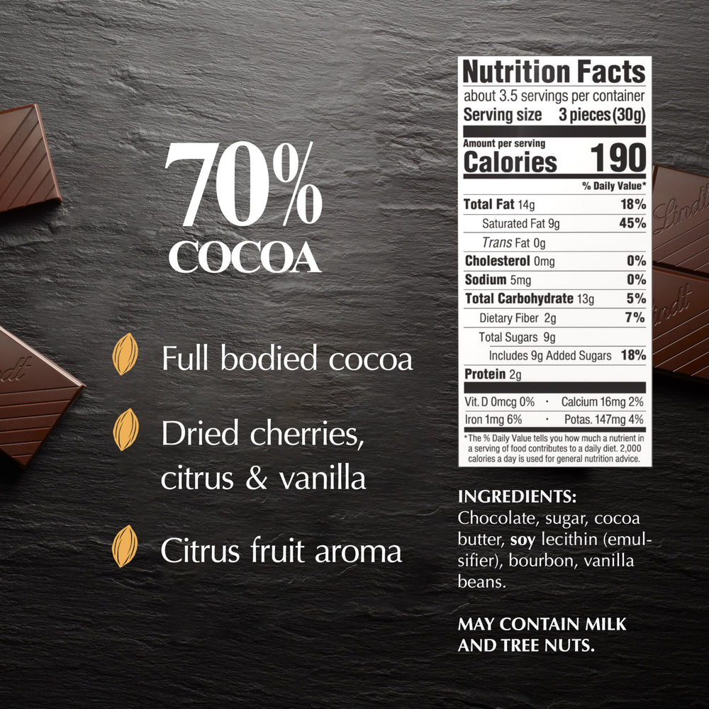 Lindt EXCELLENCE 70% Cocoa bar with silky texture highlighted for refined snacking.