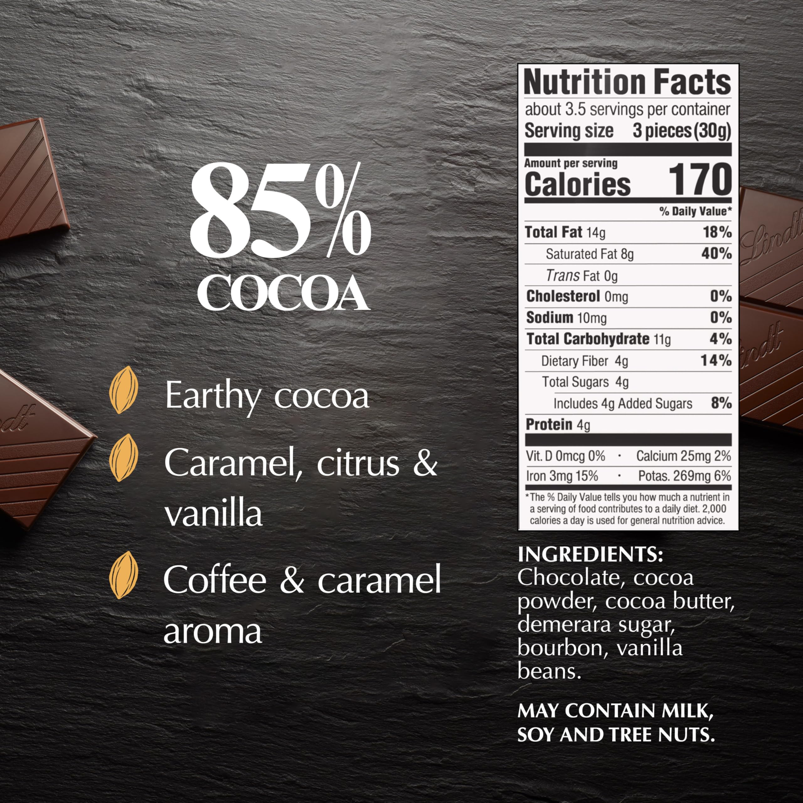 Lindt EXCELLENCE 85% bar on plate showcases silky texture for tasting.