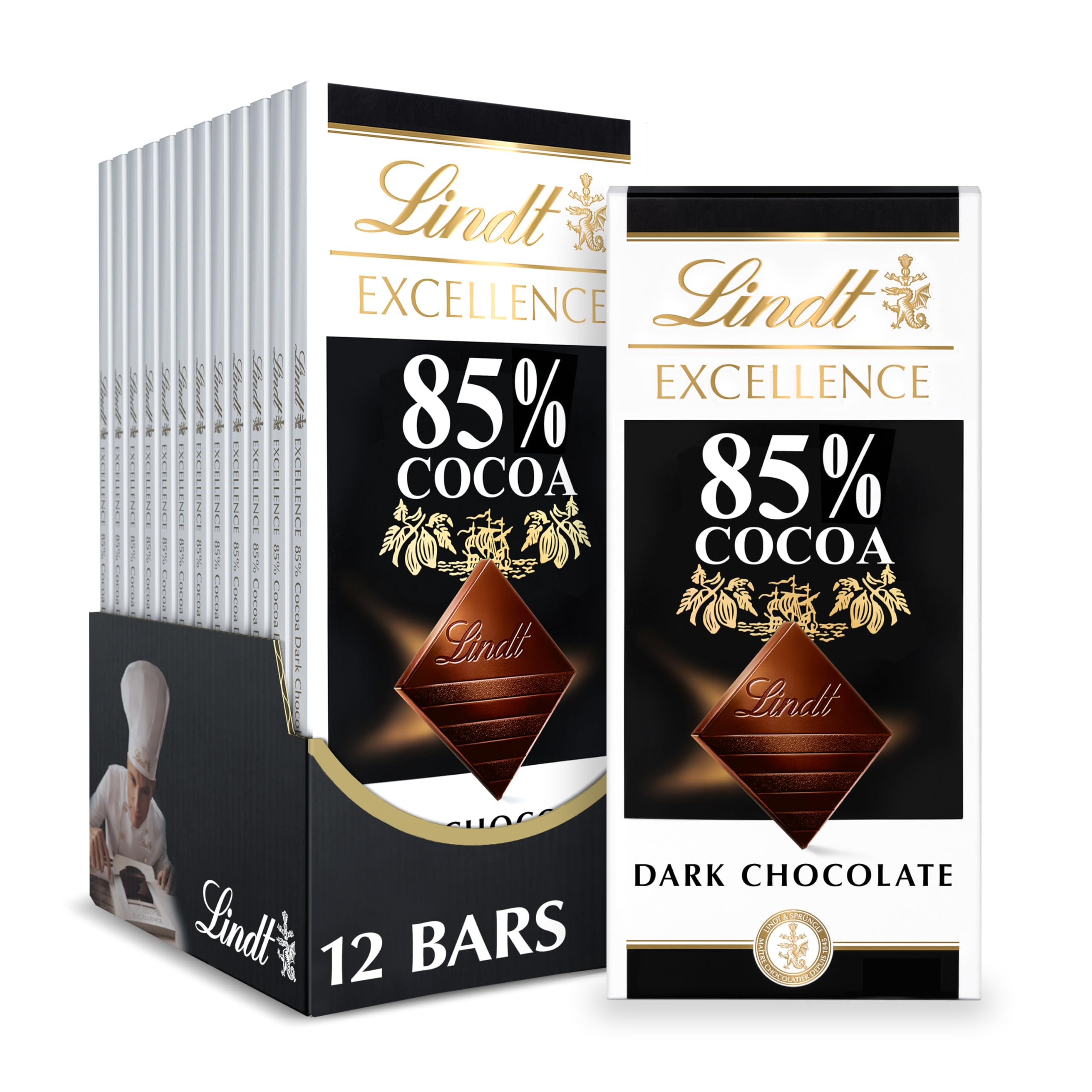 Lindt EXCELLENCE 85% cocoa bar pack-shot, premium gifting appeal.