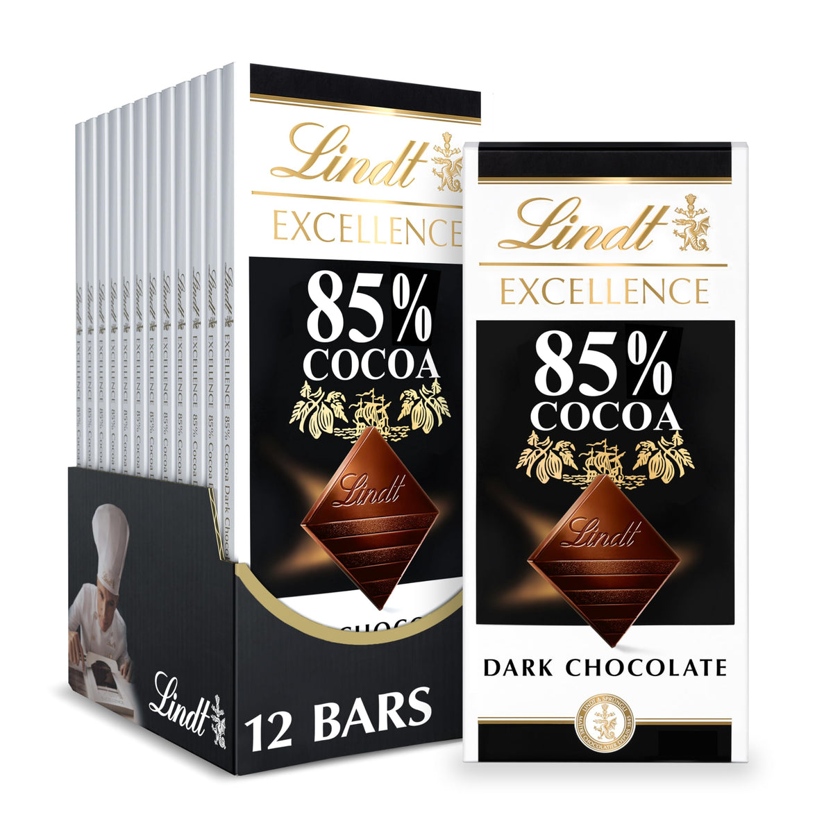 Lindt EXCELLENCE 85% cocoa bar pack-shot, premium gifting appeal.