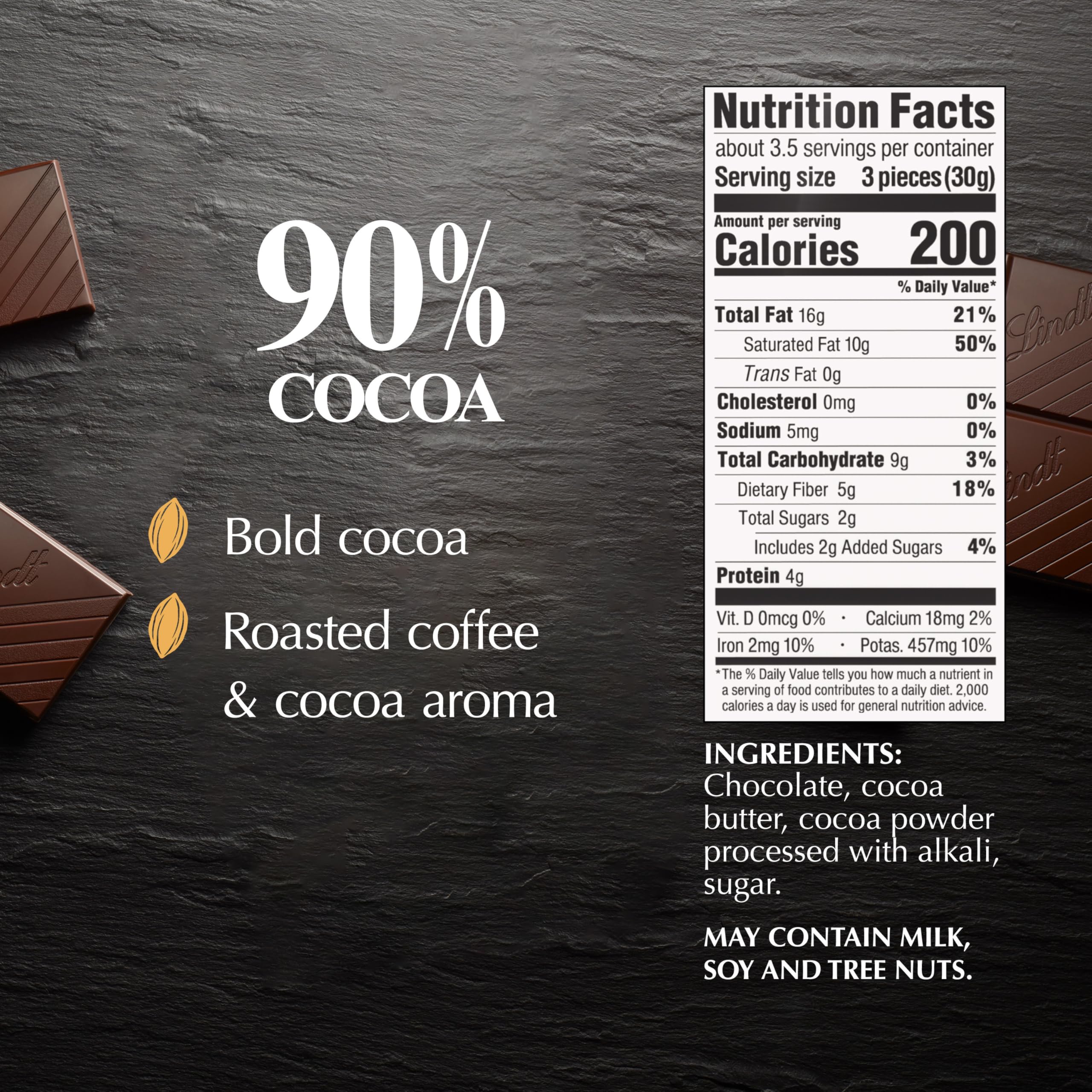 Lindt Excellence 90% cacao bar closeup texture shows rich, velvety notes