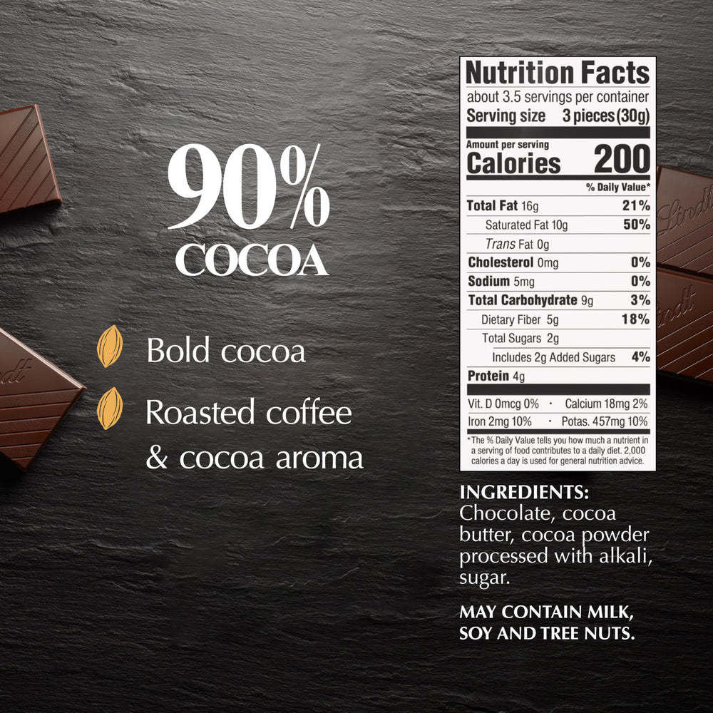 Lindt Excellence 90% cacao bar closeup texture shows rich, velvety notes